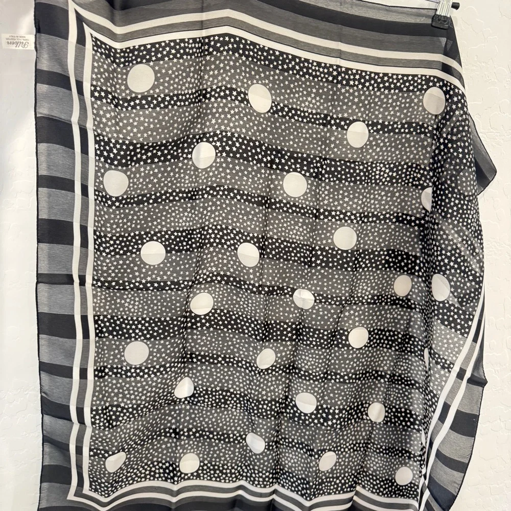 Silken Celestial Scarf Black White Moon Stars Sheer Italy Made Whimsigoth Witchy
